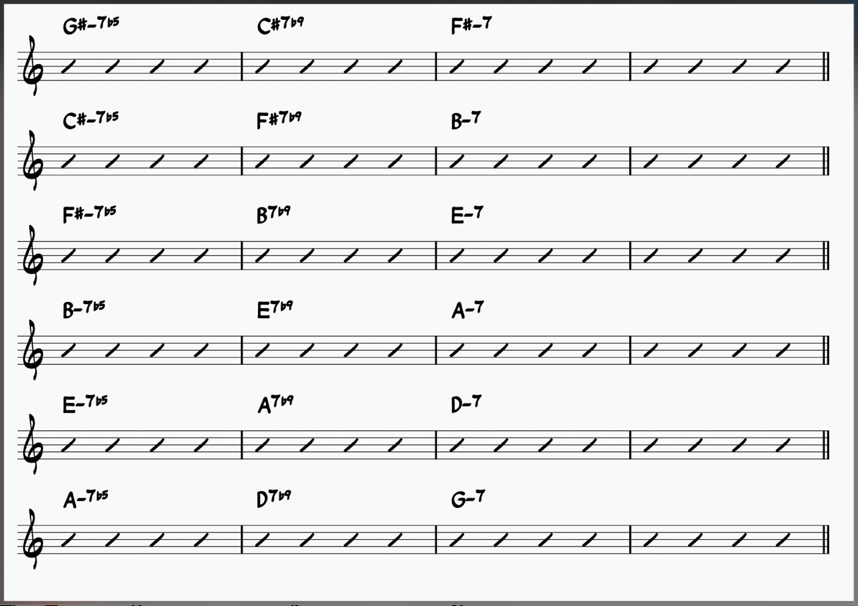 minor iiø-Vs in six keys: F#- to G-
