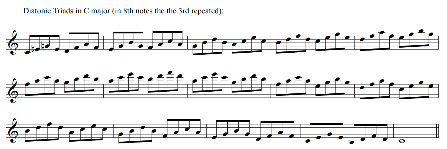 Diatonic triads in C major excercise, ascending and descending